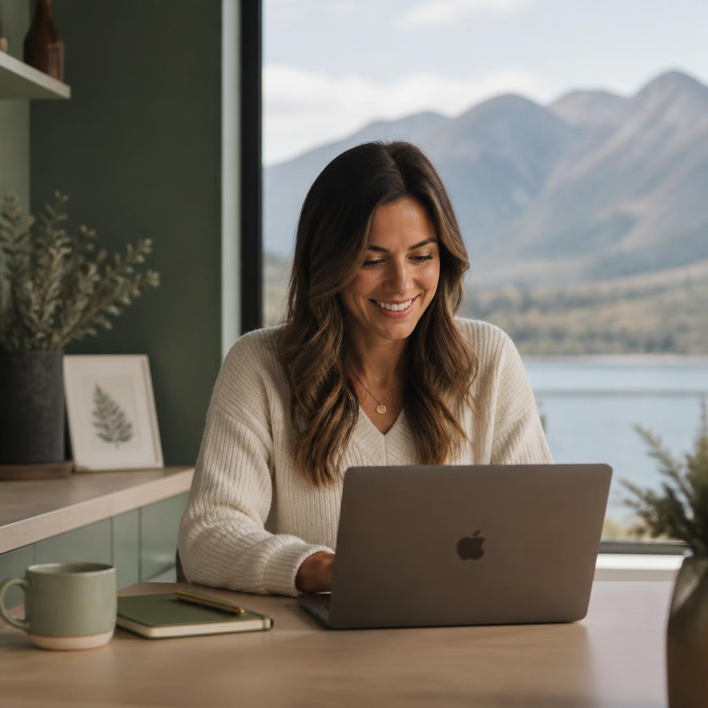 A woman smiling contentedly at her laptop with a calm lake and mountains visible through the window behind her