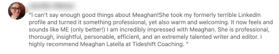 Client testimonial about a rewritten LinkedIn profile